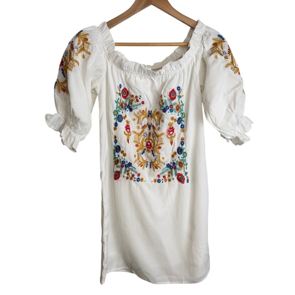White Embroidered Off Shoulder‎ Dress S Puff Sleeve Ruffle Boho Resort Festival